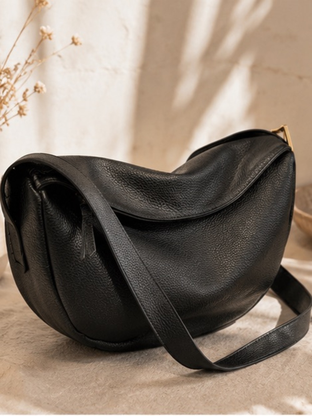 Slouchy Black Crescent Shoulder Bag Minimalist Hobo Purse | Soft Vegan Leather